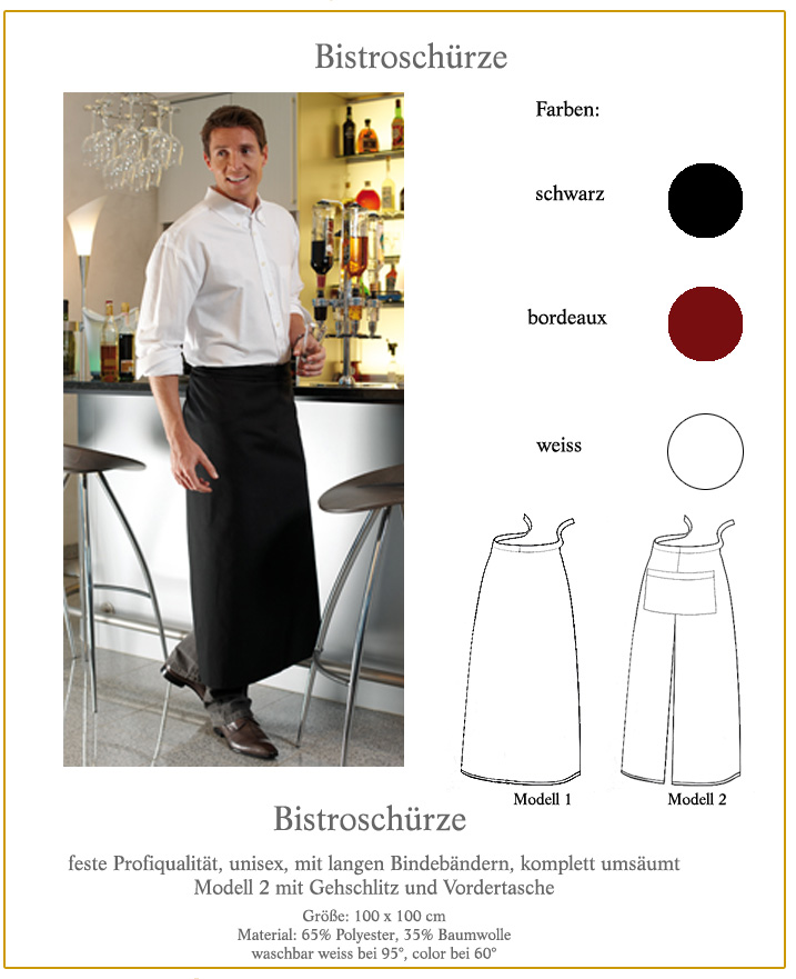 Bistro-Schürze/Vorbinder, 100 % Baumwolle, Größen und